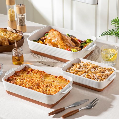 MALACASA Casserole Dishes Set of 3 - Ceramic Baking Pans with Handles | Rectangular Khaki White (14.5''/13''/10.5'')
