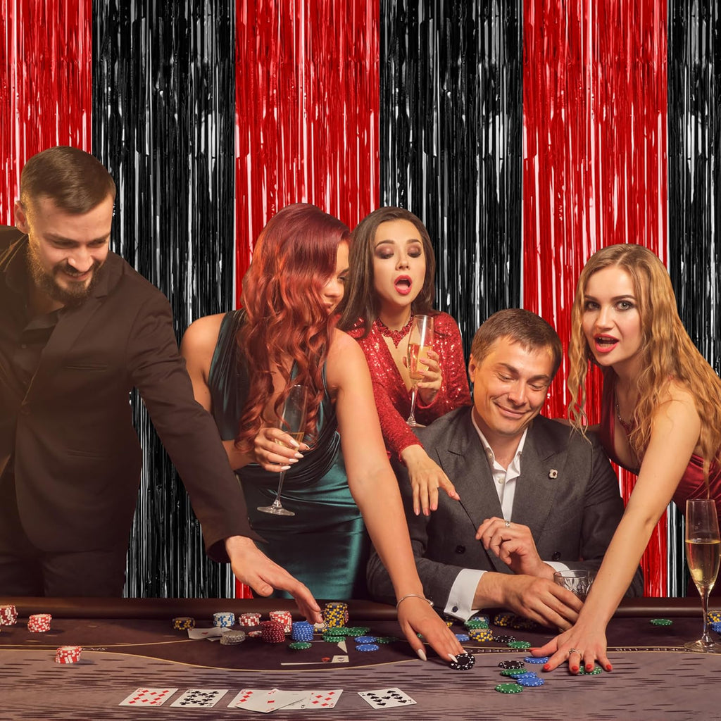Regine Switzerland 4 Pack Halloween Wall Backdrop - 3.28 FT x 7.05 FT Red & Black Metallic Tinsel Curtains | Casino Theme Party Decor