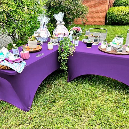 Trlyc 2 Pack 6FT Spandex Table Cloth - 72 x 30 Inch Rectangular Stretch Tablecloth, Wrinkle Resistant Scretch Table Cover for Wedding, Party, Banquet, Picnic, Outdoor Decoration (2Pcs,Purple)