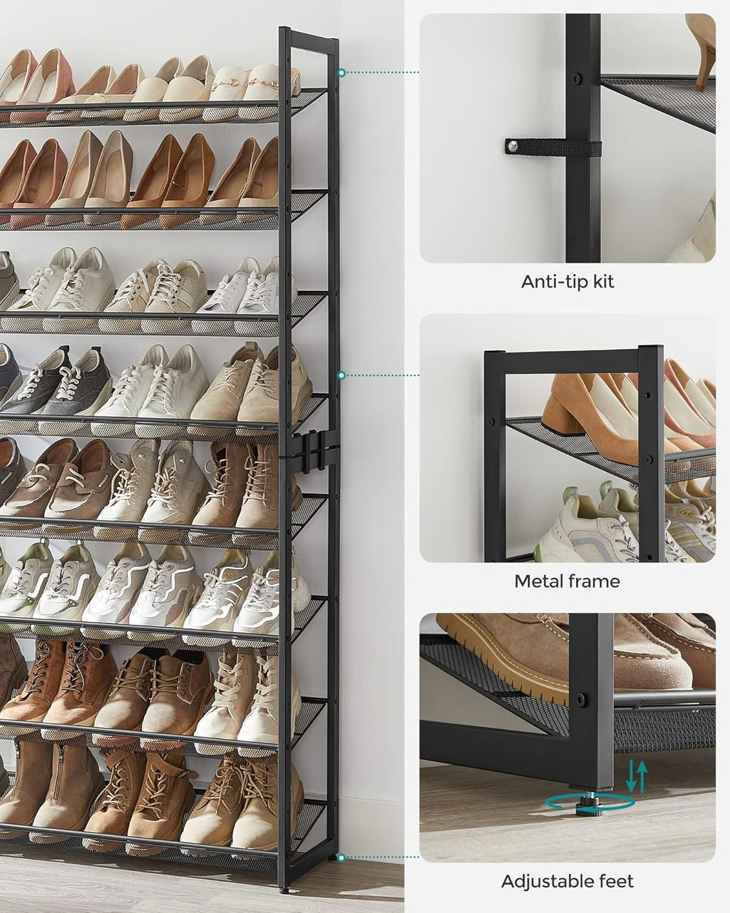 SONGMICS 8-Tier Shoe Rack - Metal Organizer for Garage | Set of 2 Stackable Shelves, Holds 32-40 Pairs, Ink Black