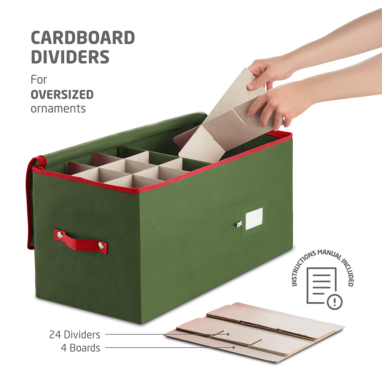 ZOBER Large Christmas Ornament Storage Box - Holds 54 4" Ornaments with Dividers - Durable Green Organizer