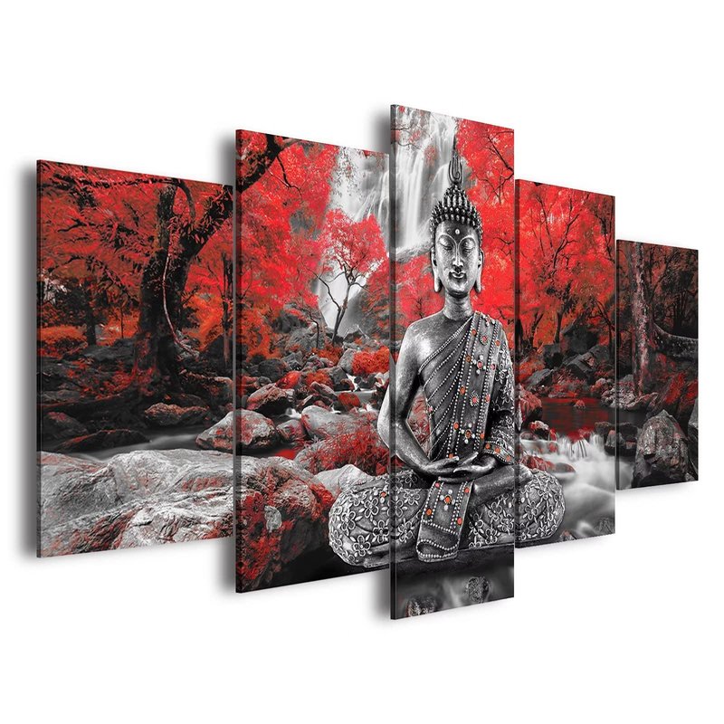 AWLXPHY Decor Buddha Wall Art Canvas Waterfall Painting Framed 5 Panels for Living Room Decoration Modern Landscape Buddha Trees Zen Wall Art Giclee (Red, 60"x30")