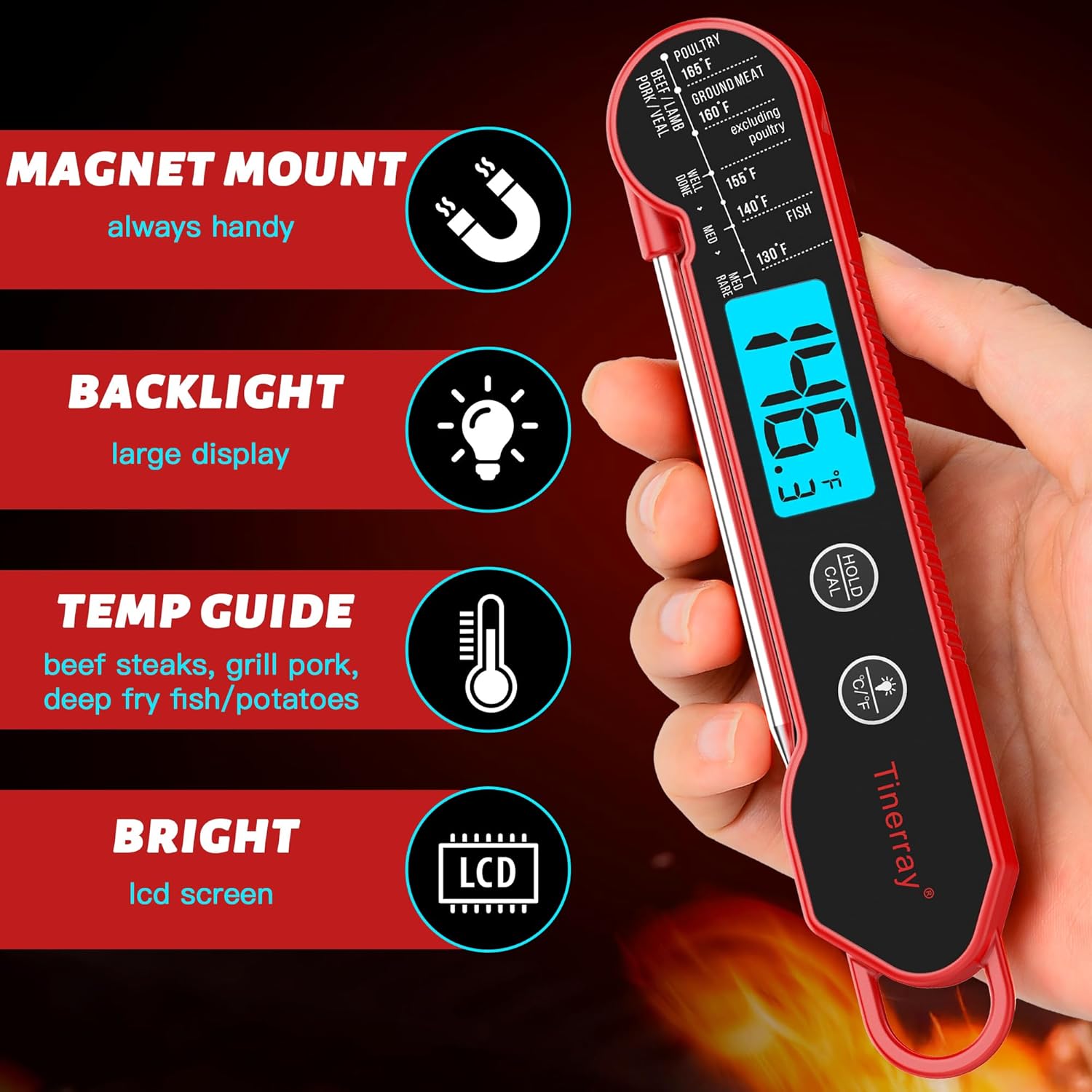 Professional Digital Meat Thermometer - Instant Read Waterproof Folding Probe with Backlight & Calibration | Ideal for BBQ, Grill, Cooking, and Liquids