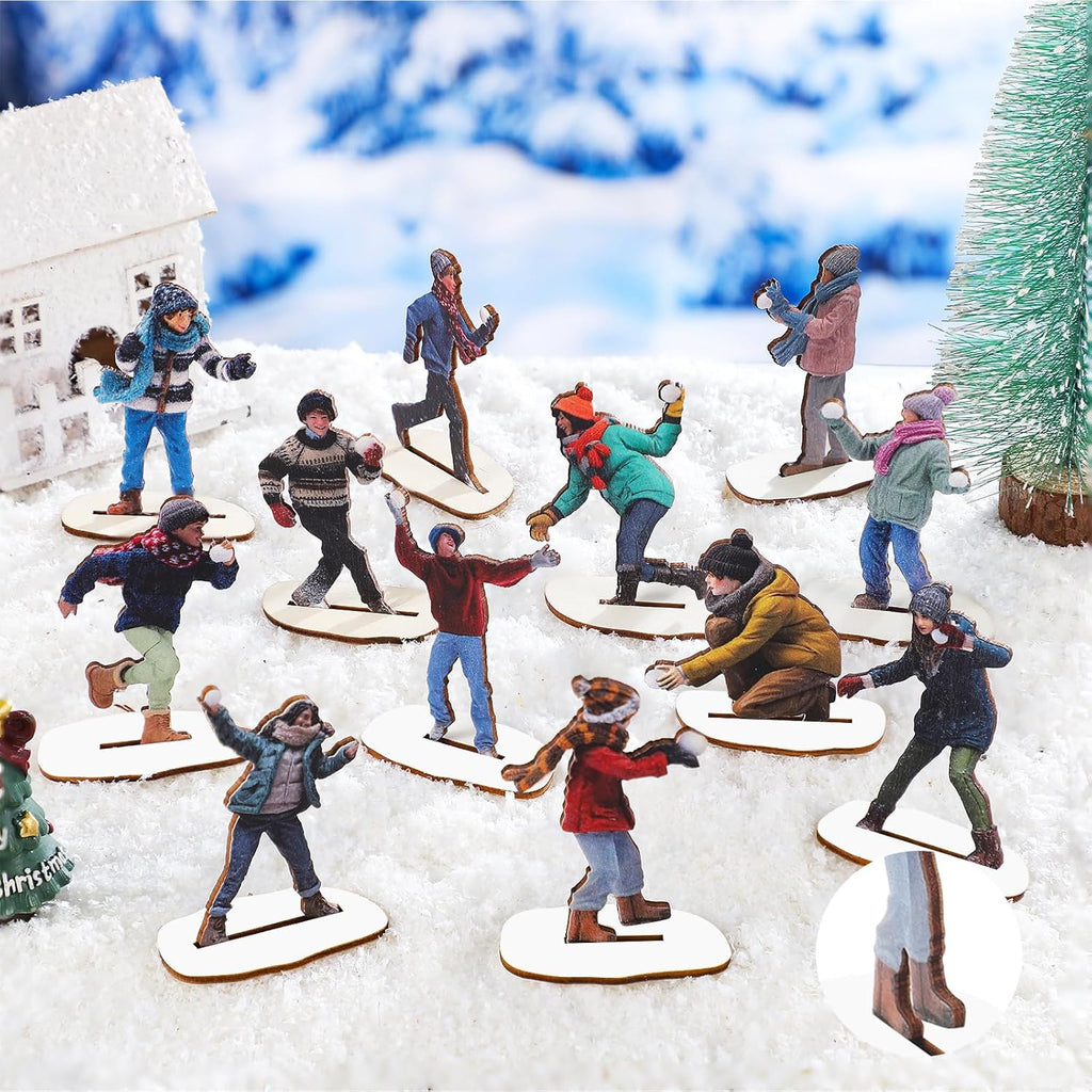 Weysat Christmas Village Snowball Fight Figurines - 12-Piece Wooden Model Set for Winter Decor