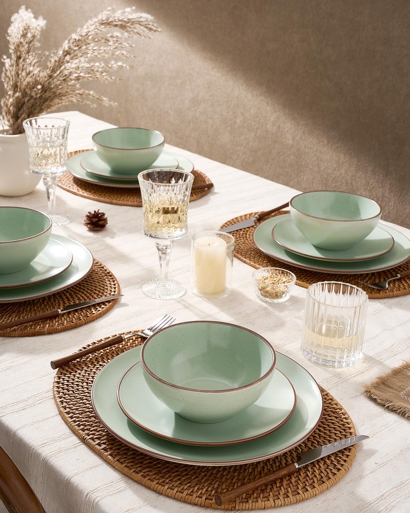 Famiware Venus Plates and Bowls Sets, 12 Pieces Stoneware Speckled Dishes Dinnerware Set for 4, Light Green - Microwave & Dishwasher Safe, Modern Minimalist, for Everyday Meals & Formal Dining