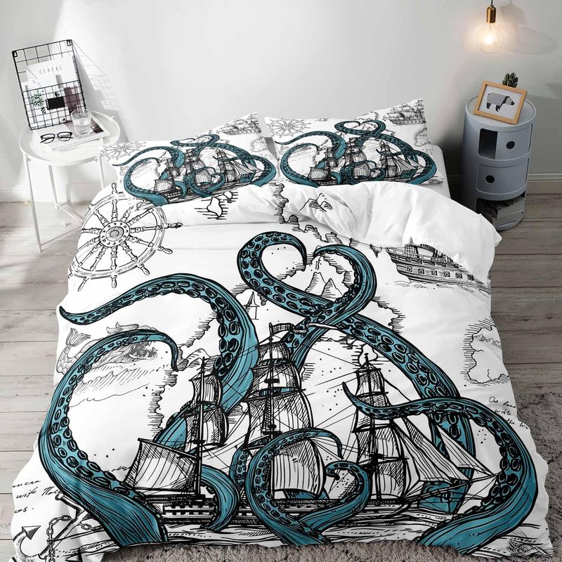 LUVIVIHOME 3PCS Octopus Duvet Cover King Bedding Set, White Duvet Cover, Teal Kraken Tentacles Sailboat Anchor Rudder Coastal Ocean Marine Sea Animal Nautical Comforter Quilt Cover, 2 Pillow Cases