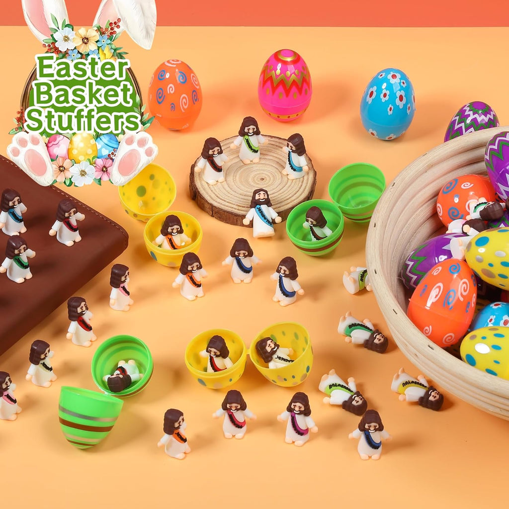 Regine Switzerland Easter Basket Stuffers - 60 PCS Colorful Eggs & Jesus Figurines for Kids' Parties