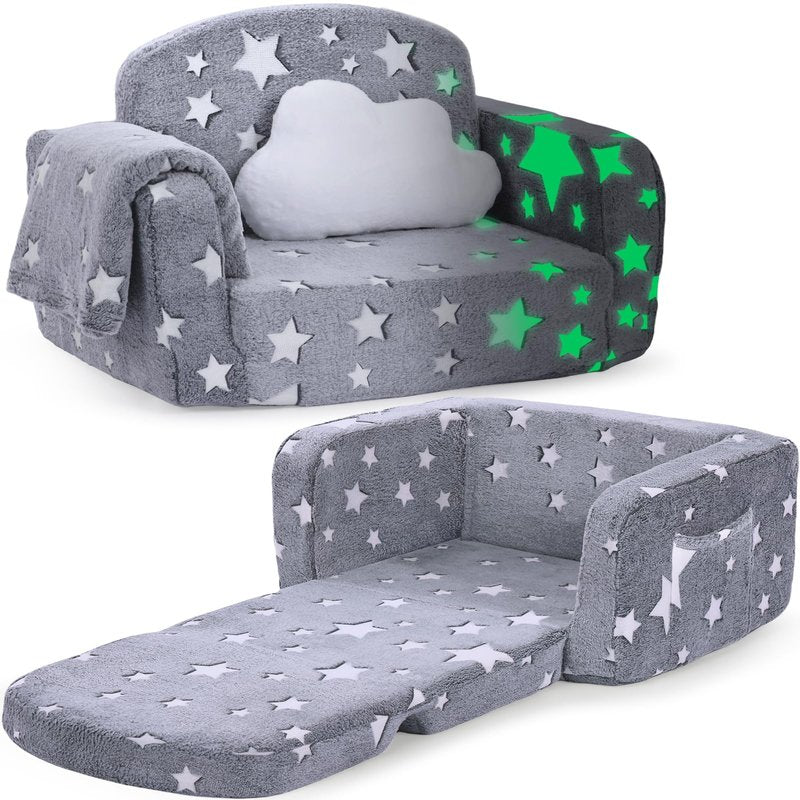 Kids Couch, 2-in-1 Soft Toddler Couch Fold Out with with Blanket and Cloud Pillow, Glow in The Dark, Toddler Chair Comfy, Convertible Sofa, Gifts for Kids Girl Boys, Medium Grey Star