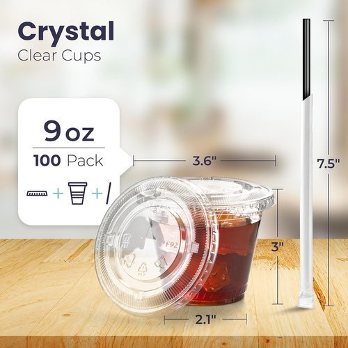 Fit Meal Prep 9 oz Iced Coffee Cups - 100 Pack Disposable Clear Cups with Lids & Straws, BPA Free