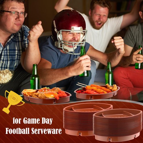 Wiwiqing 48 Pcs Football Serving Trays, Large 13.4 x 8.5 Inch Plastic Football Snack Thick Trays, Includes 2 Dip Sections, Tailgate Party Serveware Decorations