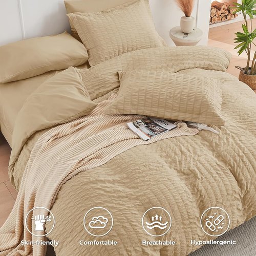 HYMOKEGE Twin Comforter Set - Luxury 5-Piece Seersucker Bedding Set in Khaki for All Seasons