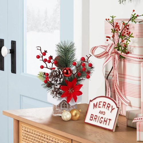 Hatisan Artificial Christmas Tree - Small Tabletop Design with Ornaments & Pine Cones | Red