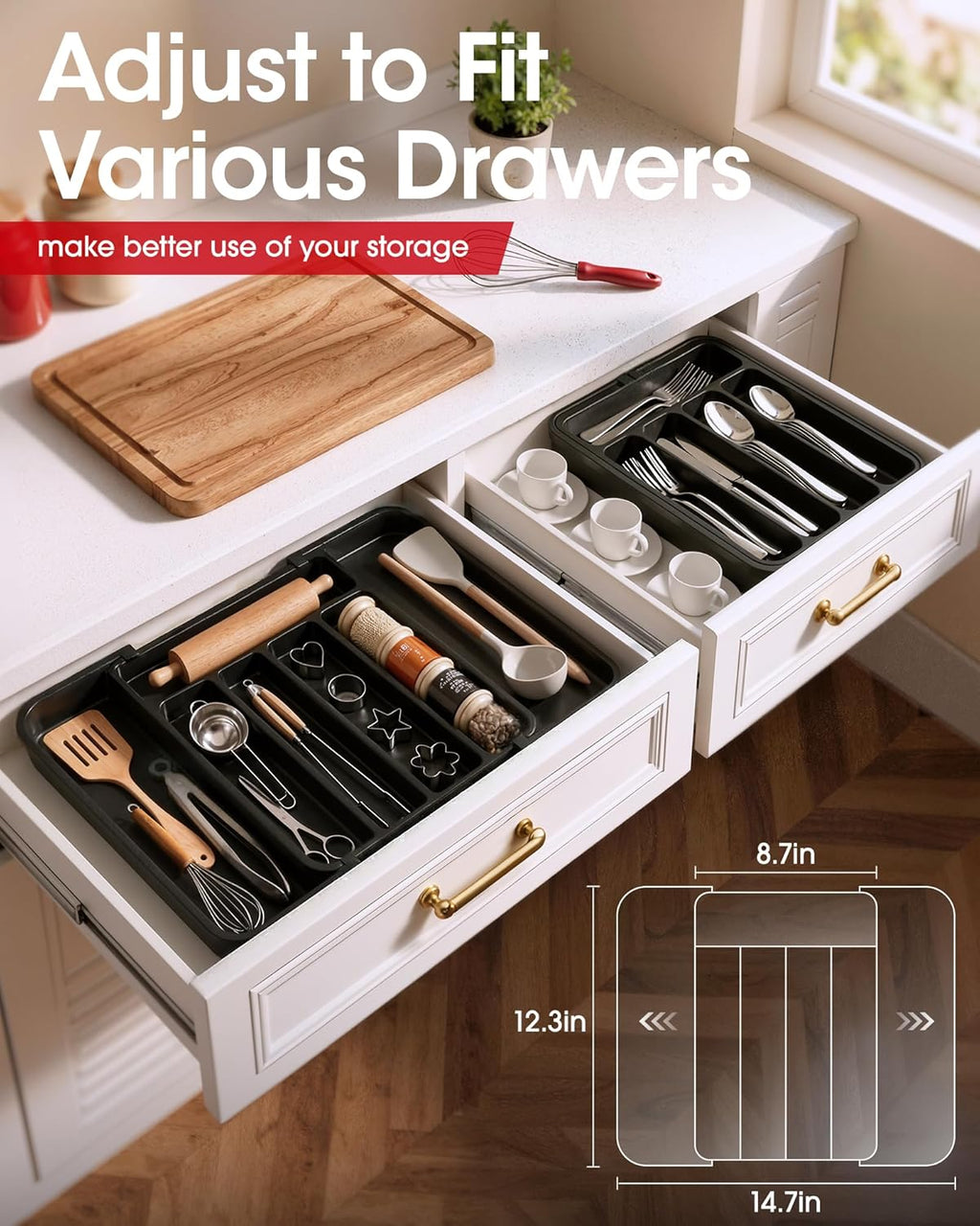 Aujen Silverware Organizer - Expandable Cutlery Tray for Forks & Knives | Adjustable Kitchen Storage, Black Medium