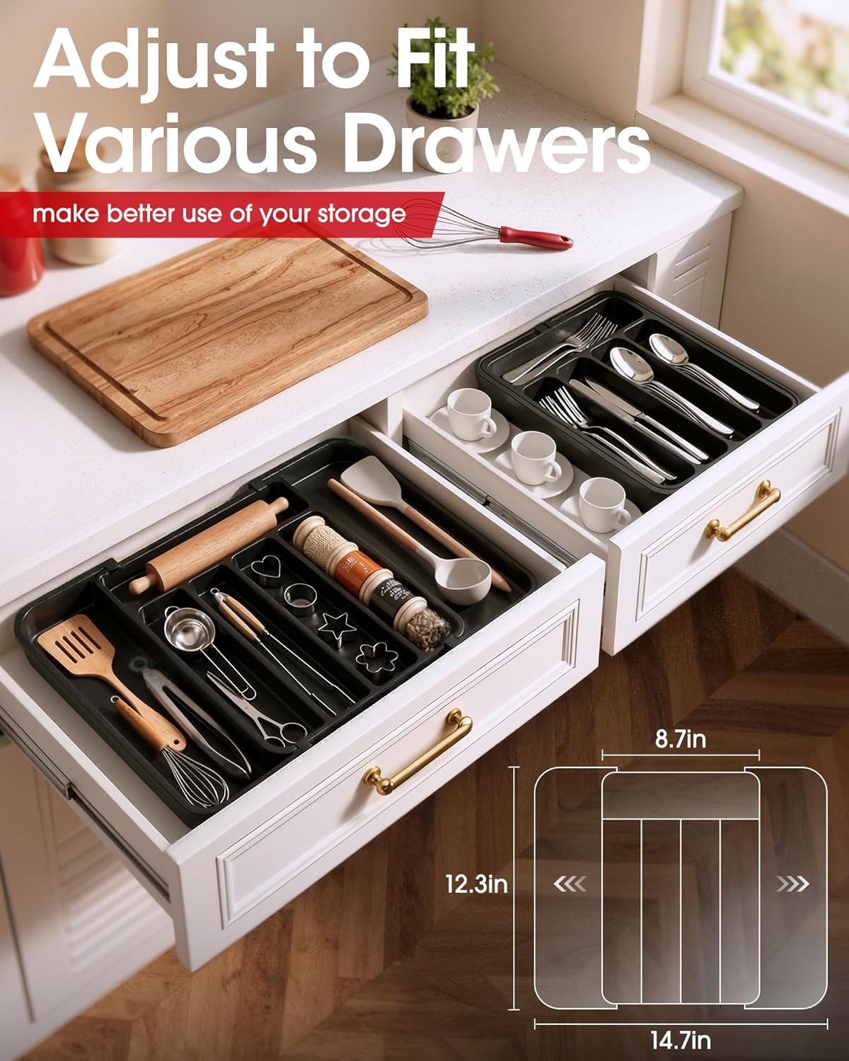 Aujen Silverware Organizer - Expandable Cutlery Tray for Forks & Knives | Adjustable Kitchen Storage, Black Medium