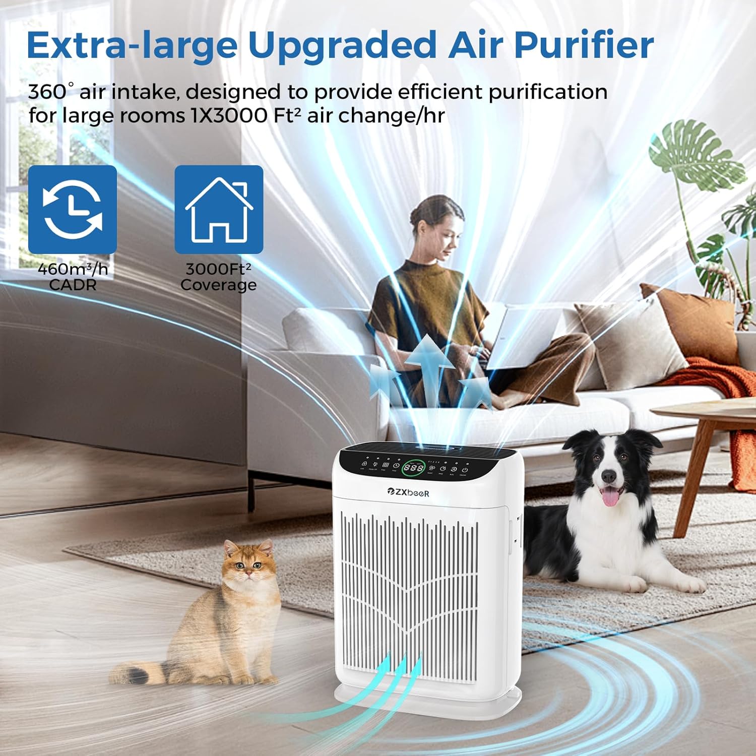 ZXBEER HEPA Air Purifier - Double-Sided Design with Washable Filter & PM2.5 Sensor | Ideal for Large Rooms Up to 3000 Ft² (White)