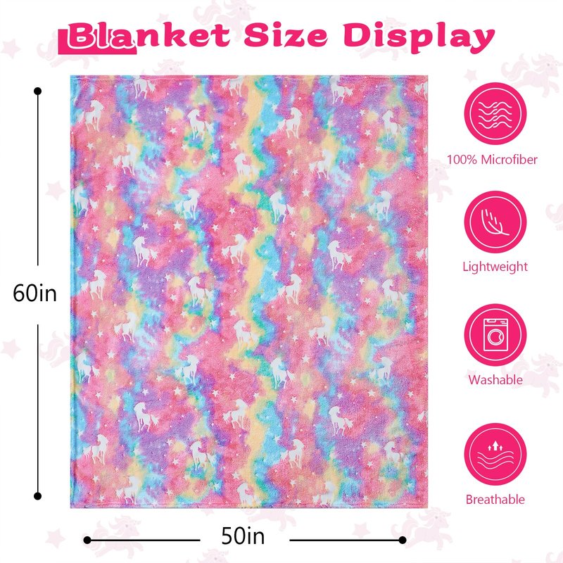 QSTEHEML Glow in The Dark Unicorn Blanket ，Birthday Gift for Girls Age 3-12 Years Old, Unicorns Toys Girls Presents for Grandkids, Soft Unicorns Throw Blanket for Daughter 50"×60"