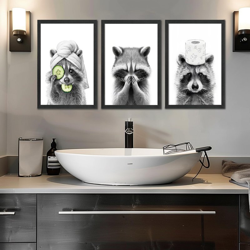 WRFON Raccoon Bathroom Wall Art Set of 3, Black and White Funny Animal Framed Canvas Prints, Farmhouse Wall Decor for Bathroom, Laundry Room or Kids Room, 16" W x 24" H Inch