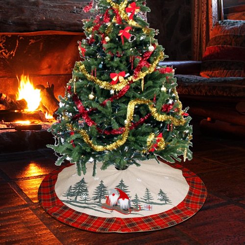 Juegoal 32-Inch Christmas Tree Skirt - Soft Red & Black Plaid Design with Gnome Sledding Decor