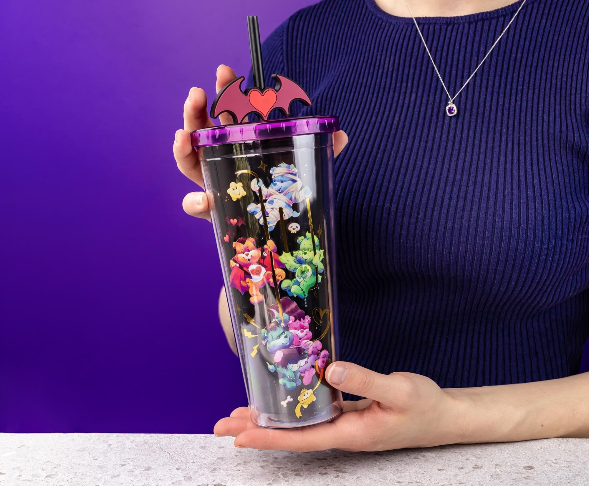 Silver Buffalo Care Bears x Universal Monsters Carnival Cup With Leak-Resistant Lid and Straw Topper | Holds 24 Ounces
