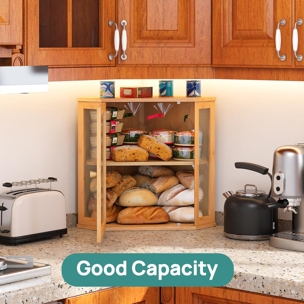 viewcare Corner Bread Box for Kitchen Counter, Bamboo Wood Large Capacity Bread Storage Bin with Acrylic Wavy Door Panel (Natural, Extra Large)
