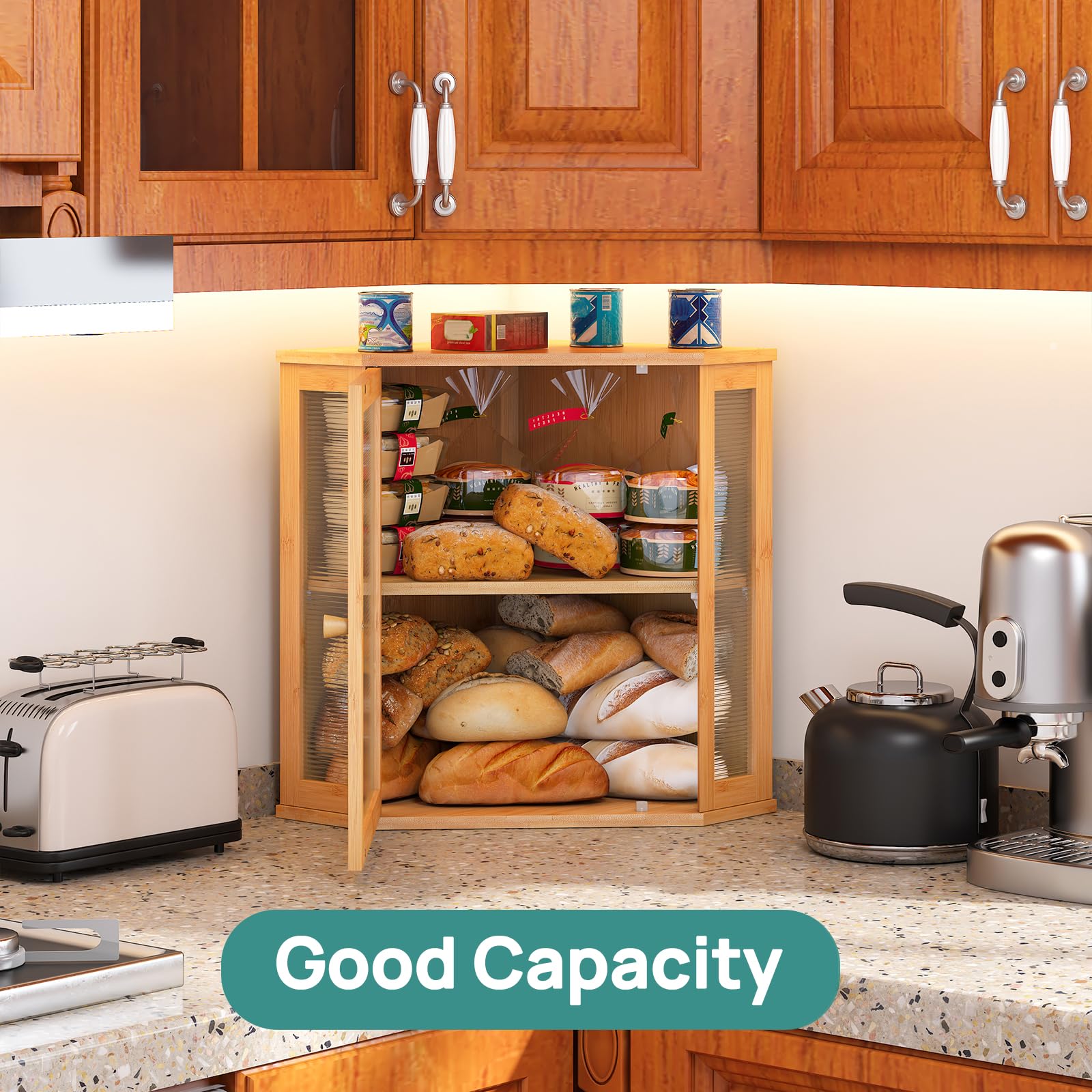 viewcare Corner Bread Box for Kitchen Counter, Bamboo Wood Large Capacity Bread Storage Bin with Acrylic Wavy Door Panel (Natural, Extra Large)