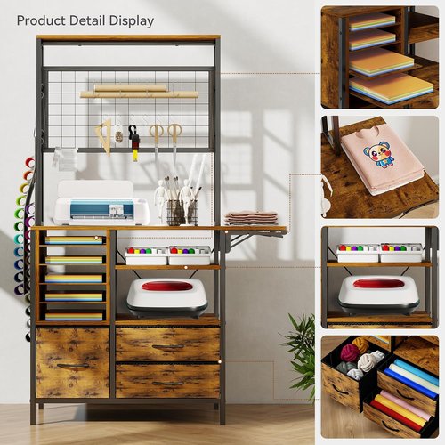 ARTETHYS Craft Table - Brown Storage Cabinet with Drawer & Fold-Out Desk for Craft Room