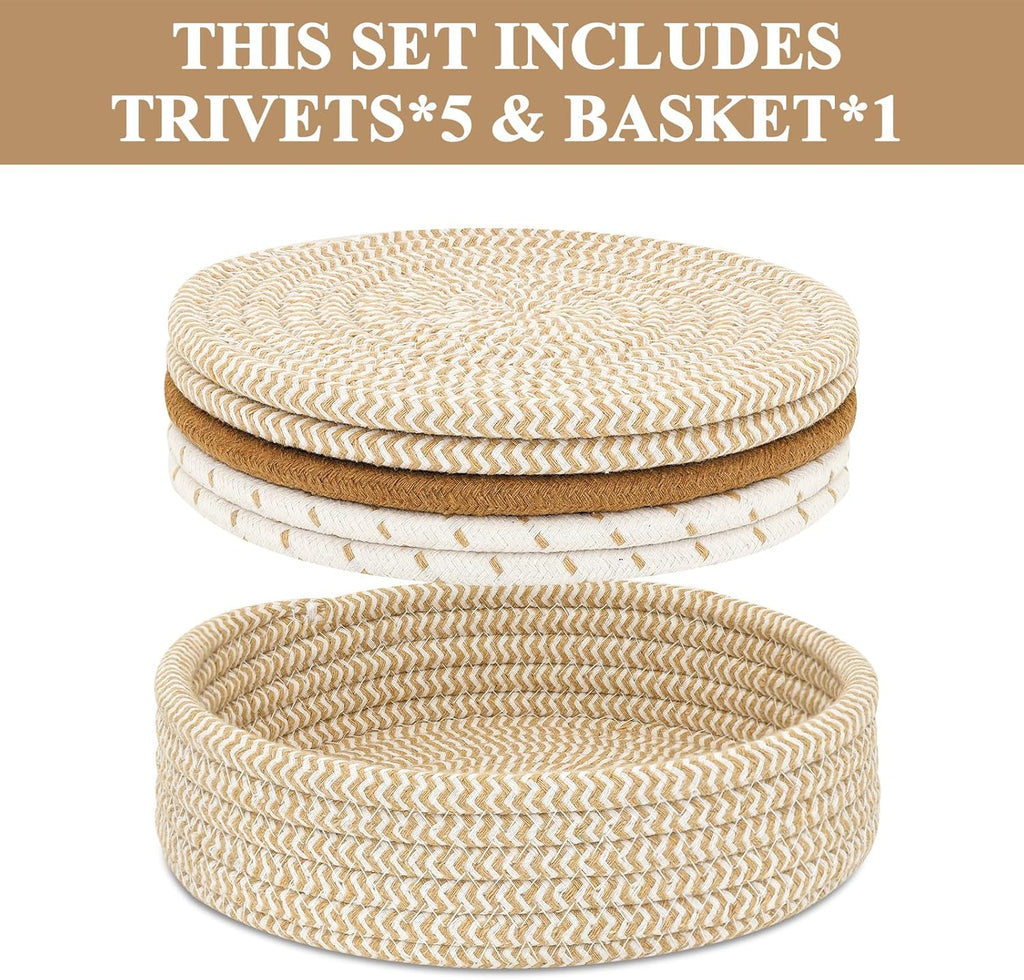 Trivets by Home Essentials - Heat Resistant Hot Pads with Storage Basket | 5 PCS Mix Brown for Kitchen Decor