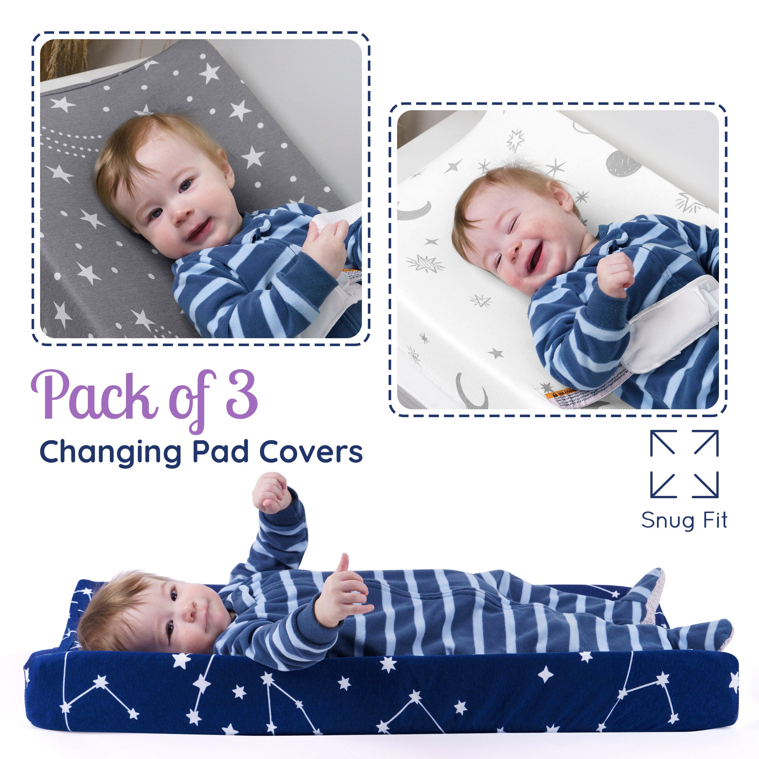 GROW WILD Changing Pad Cover 3 Pack | Soft & Stretchy Jersey Cotton | Baby Changing Table Pad Cover | Diaper Changing Pad Covers for Girls and Boys (Stars, Moon & Constellation)
