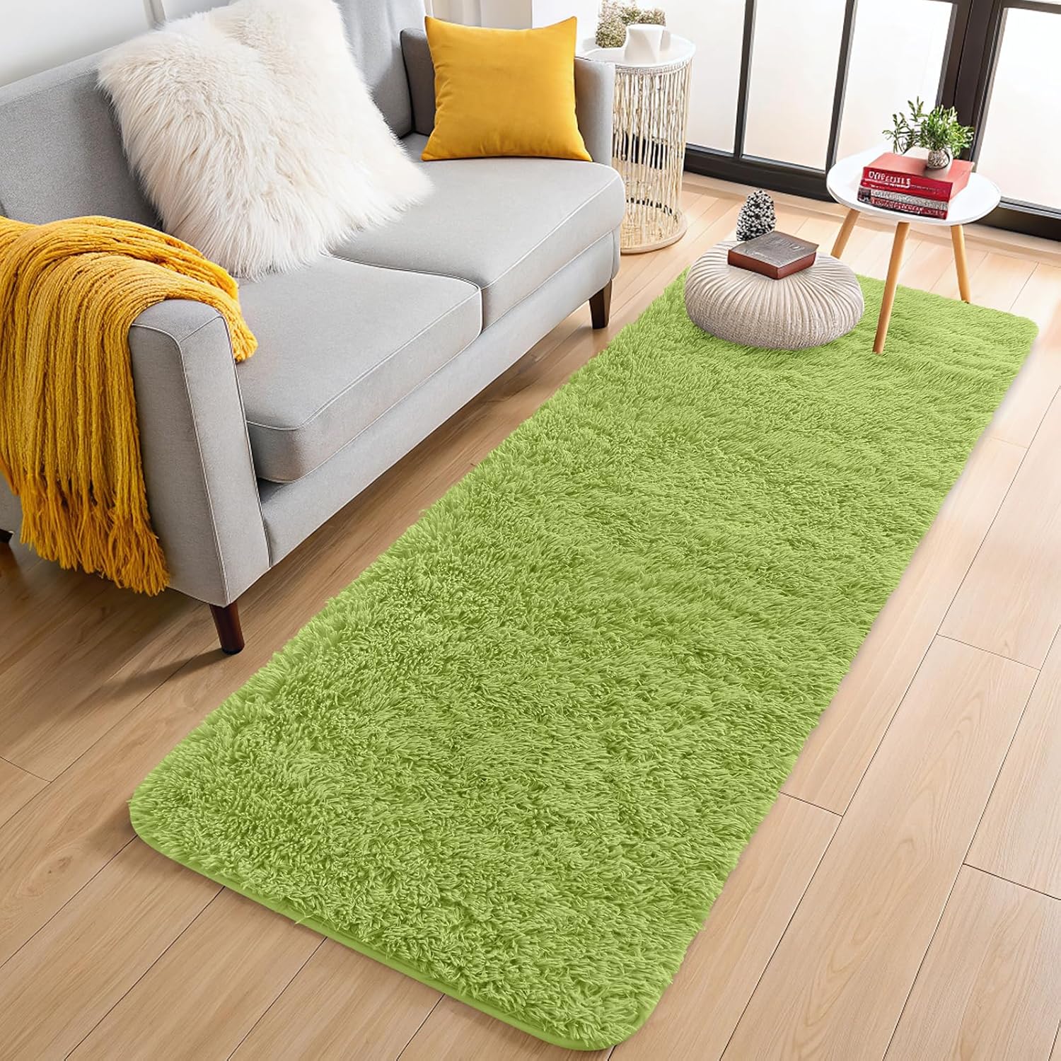 OLANLY 2x6 Machine Washable Runner Rug - Soft Fluffy Shaggy Design for Bedroom & Hallway | Grass Green