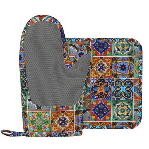 Silicone Oven Mitts and Pot Holders Sets, Home Talavera Mexican Tiles Heat Resistant BBQ Gloves for Kitchen Baking Cooking Grilling Microwave