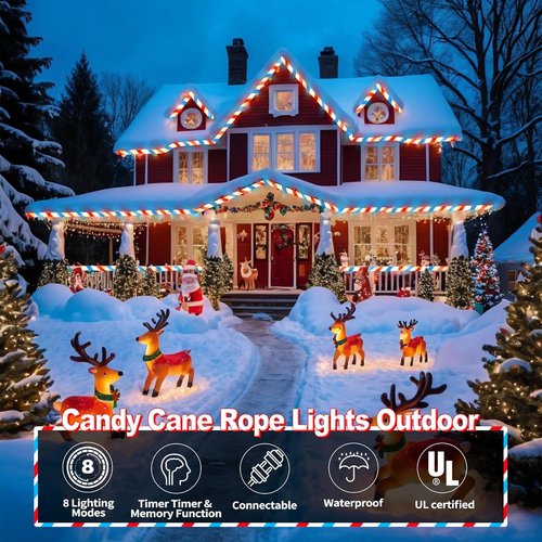 Jnaurb Christmas Candy Cane Lights - 66ft 480 LED Connectable Waterproof Rope Lights | Red, White & Blue