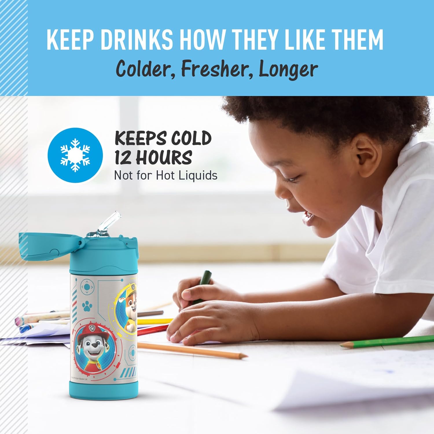 THERMOS FUNTAINER Water Bottle - 12 Ounce Kids Stainless Steel Insulated Bottle | Paw Patrol Blue