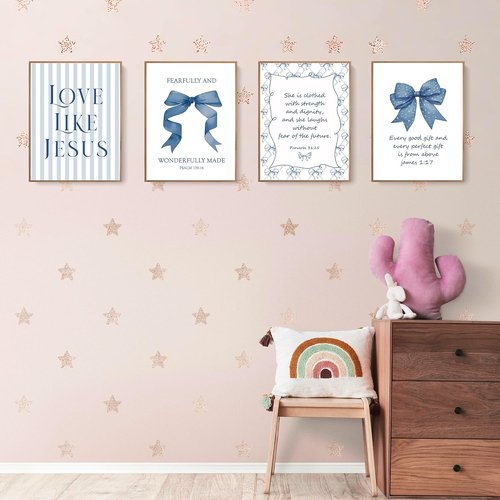 LARTSFRO Coquette Navy Blue Bow Wall Art | Inspirational Christian Decor for Teen Girls | Set of 4 Unframed 12x16 Inch Prints