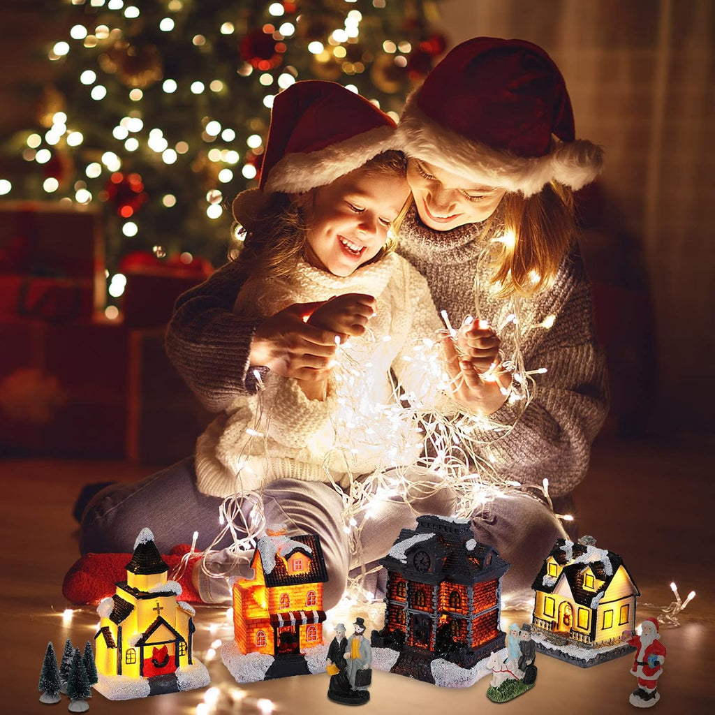 Queekay 17-Piece Lighted Christmas Village Set - Resin Houses & Figurines for Festive Indoor Decor