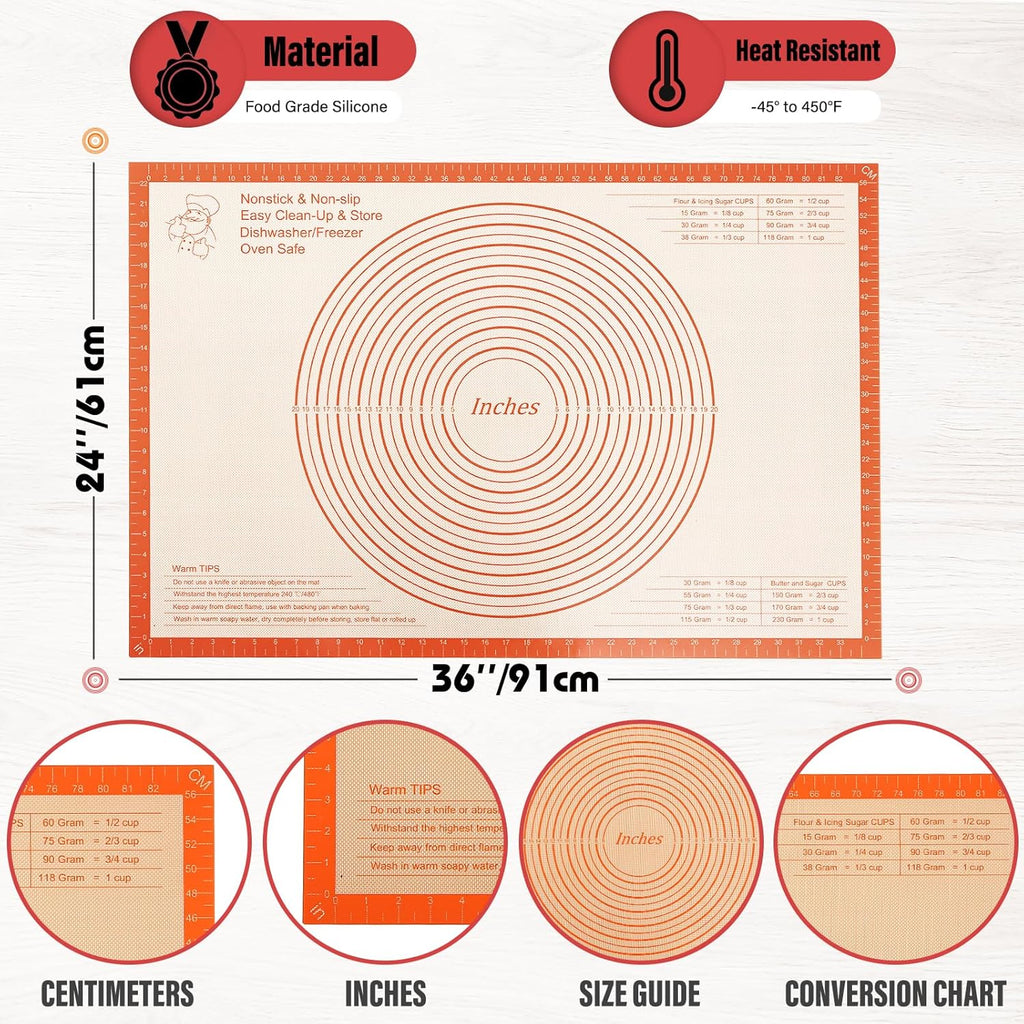 Silicone Pastry Mat - 36x24 Inch Nonstick Baking Surface for Dough, Pastry, Cookies & More