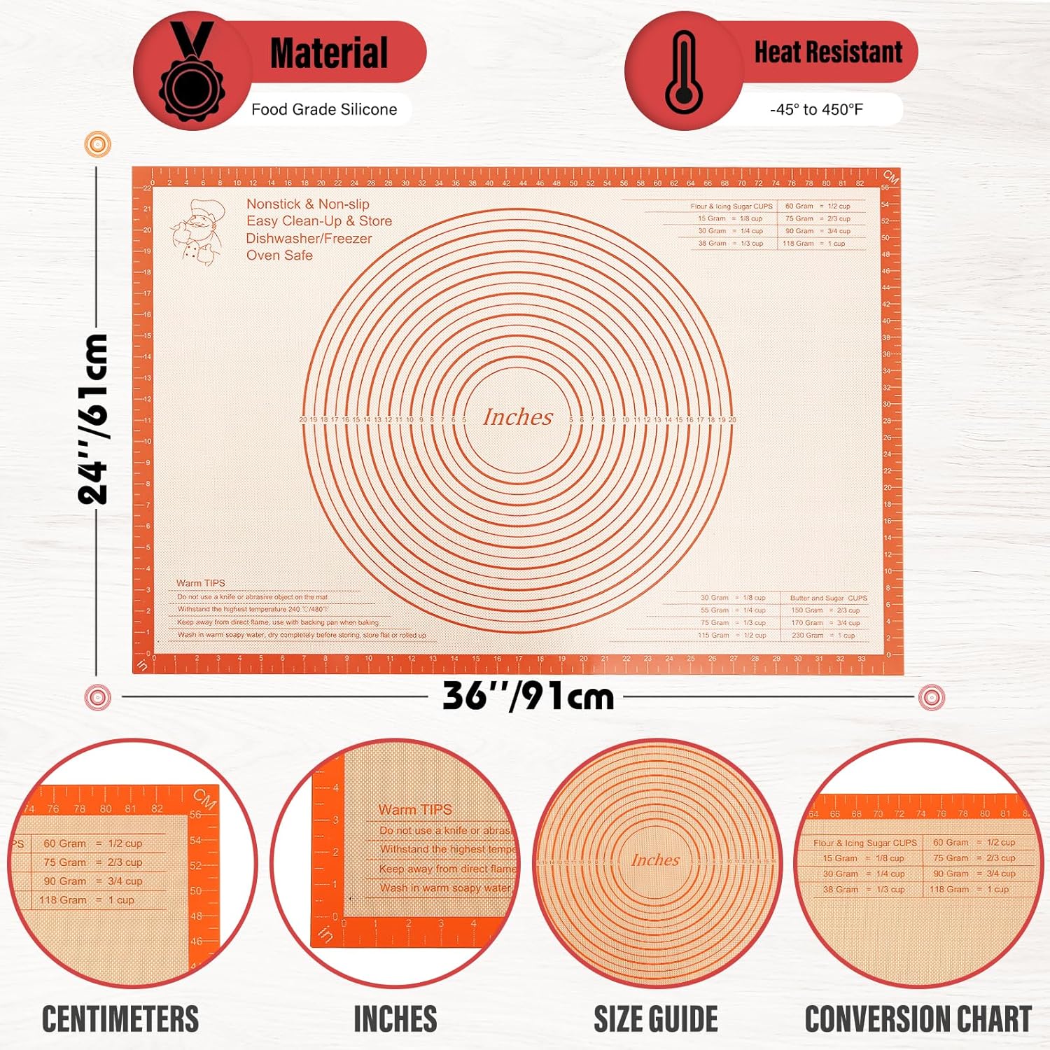 Silicone Pastry Mat - 36x24 Inch Nonstick Baking Surface for Dough, Pastry, Cookies & More