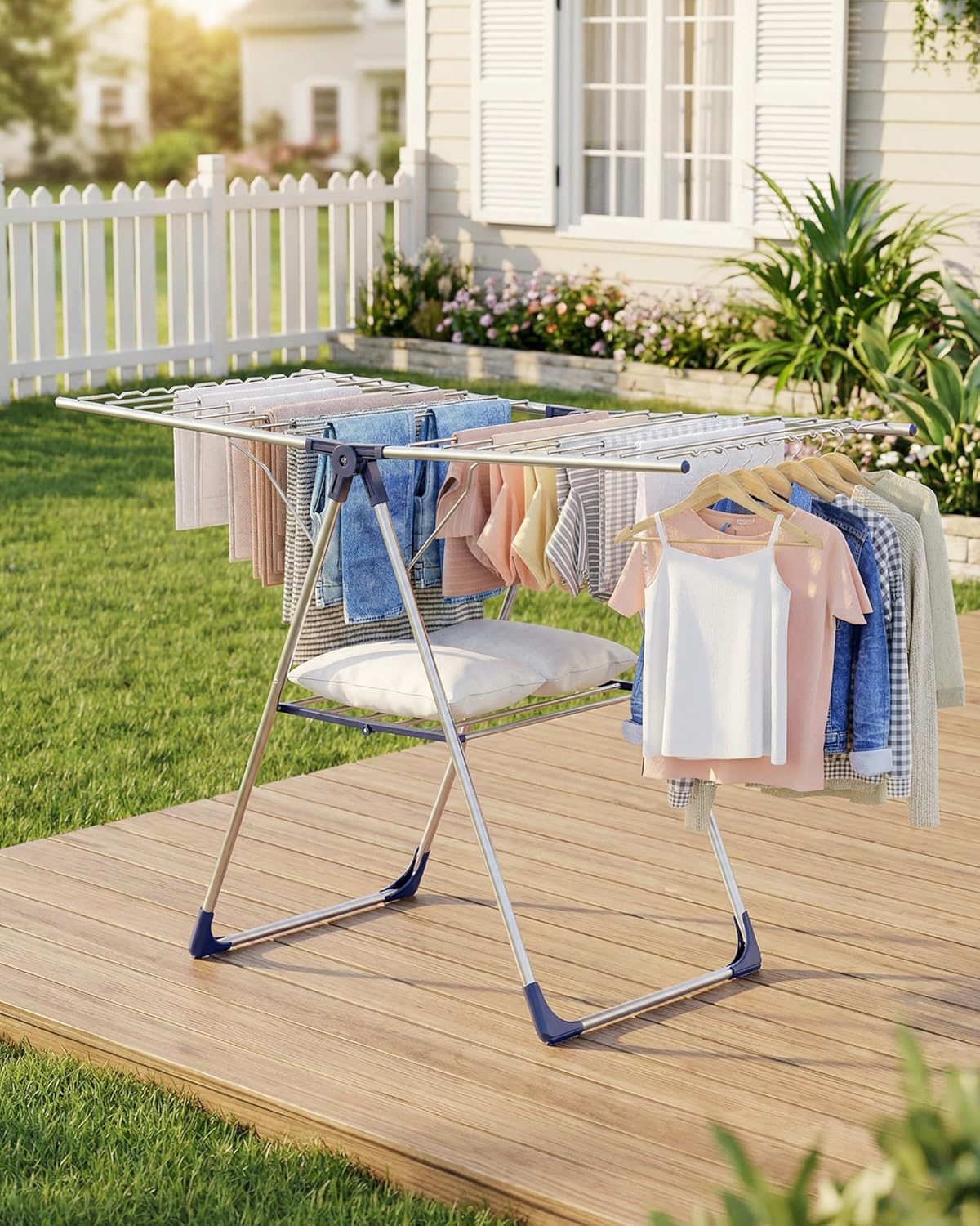 Sakugi Clothes Drying Rack - Height-Adjustable Metal Laundry Dryer Stand | Free-Standing & Collapsible, 55.5" L × 22.8" W, Silver Blue