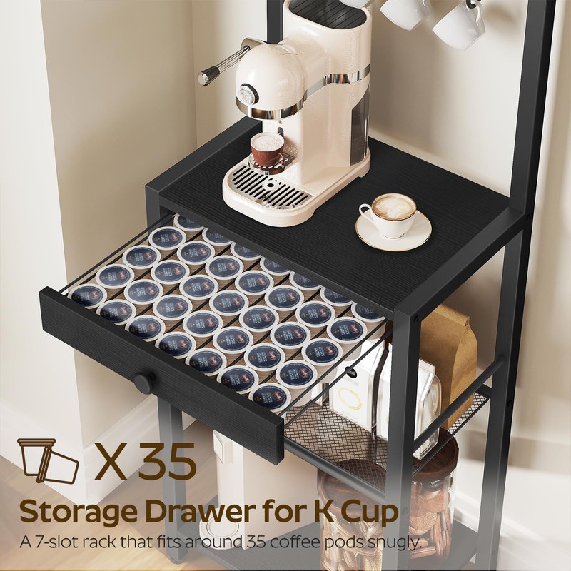 YATINEY Bakers Rack, 5-Tier Coffee Bar Station, Coffee Stand with Pod Drawer Holder, Versatile Kitchen Storage Rack with 4 Hooks, for Living Room, Cafe Corner, Black KF01BB