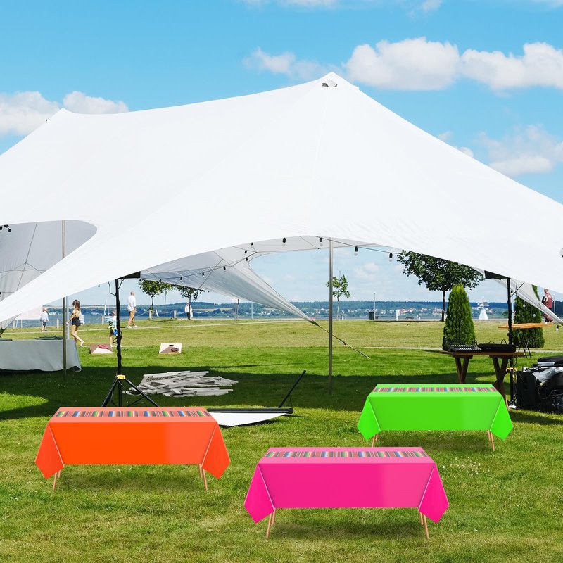 Oudain 3 Pcs Fiesta Tablecloth 108 x 54 Inch Plastic Tablecover Waterproof Mexican Tablecloth Mexican Striped Table Cover for Taco Night Festive Fiesta Wedding (Green,Orange,Pink)
