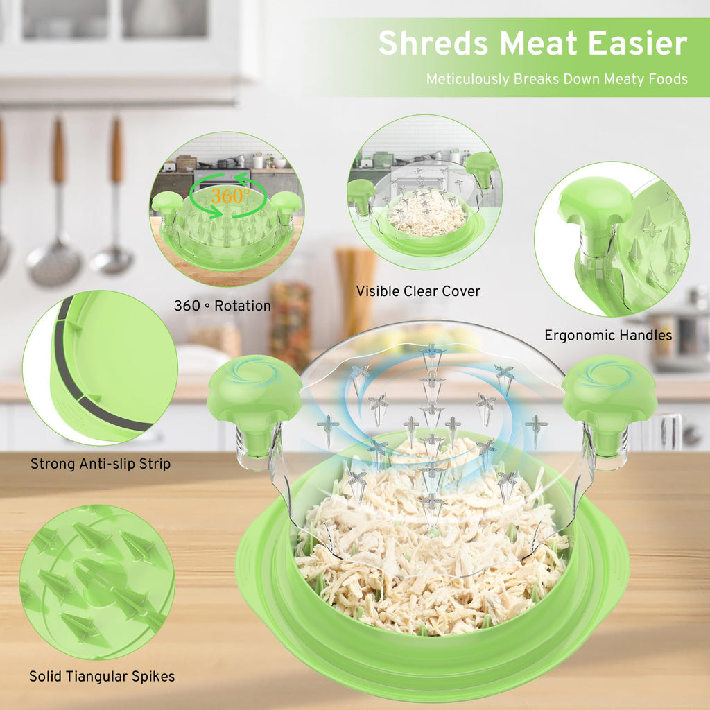 Upgrade Chicken Shredder, 10''Chicken Shredder Tool Twist with Transparent Lid, Ergonomic Handle and Anti-Slip Base, Dishwasher Safe, Cleaning Brush, Heat Resistant (Green)