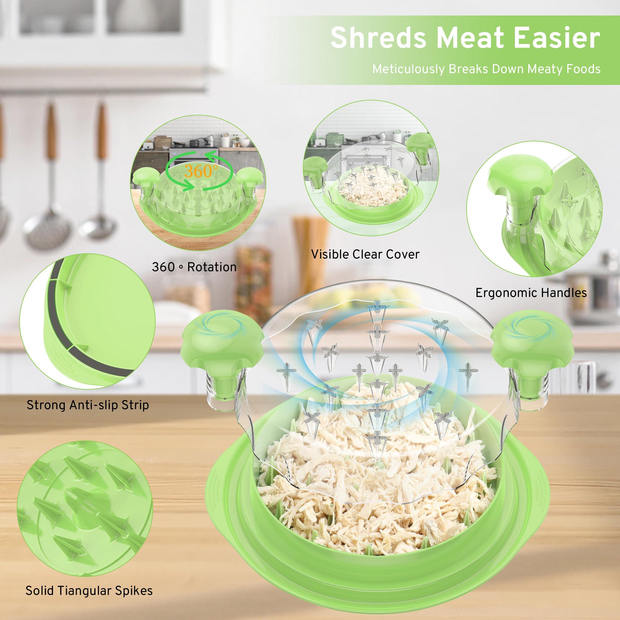 Upgrade Chicken Shredder, 10''Chicken Shredder Tool Twist with Transparent Lid, Ergonomic Handle and Anti-Slip Base, Dishwasher Safe, Cleaning Brush, Heat Resistant (Green)