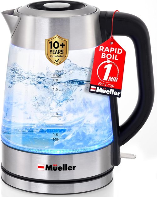 Mueller Rapid Boil Electric Tea Kettle 1.8L - BPA-Free Borosilicate Glass & Stainless Steel - Auto Shut-Off & LED Light