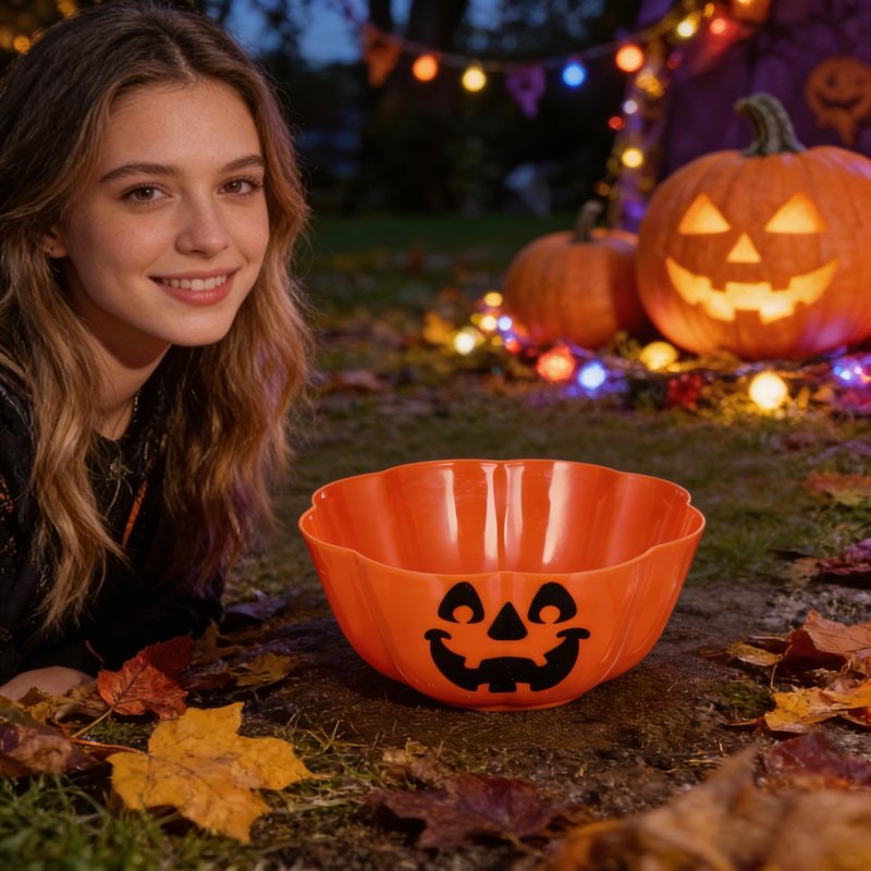 MHFOOU Halloween Candy Bowl, Large Plastic Halloween trick or treat bowl, Pumpkin Candy Bowl Fruit Salad Bowl for Party Decor Supplies, 11.6x4.7 Inch