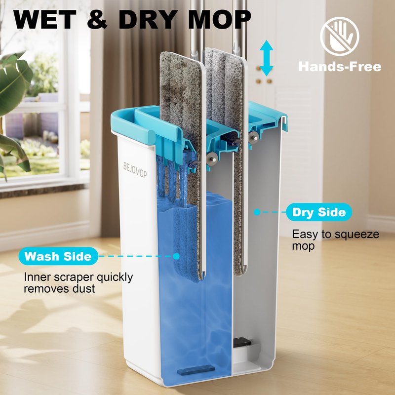 BEJOMOP Mop and Bucket Set, Mops for Floor Cleaning Turquoise-Cyan, Wall Mop with Long Handle, Squeeze Flat Mop and Bucket System, Dry & Wet Dust Mop for Household Cleaning with 2 Microfiber Mops