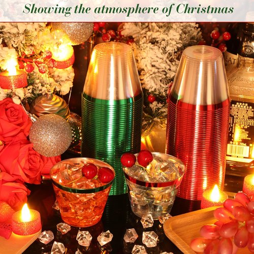 Zhehao 100 Pcs 9 oz Rimmed Plastic Cups Clear Wine Glasses Heavy Duty Cocktail Cups for Wedding Birthday Holiday Party Reception(Red, Green)