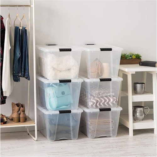 IRIS USA 54 Qt Stackable Plastic Storage Bins - BPA-Free, Durable Lids, 12 Pack - Clear Organizing Solution
