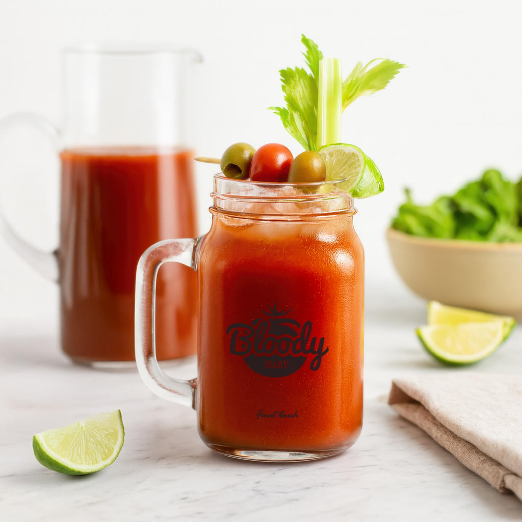 Final Touch Bloody Mary Mason Jar Glasses - Set of 2 | Vintage Style with Complete Recipe Guide | Thick Glass with Handle for Perfect Cocktails (GG5205)