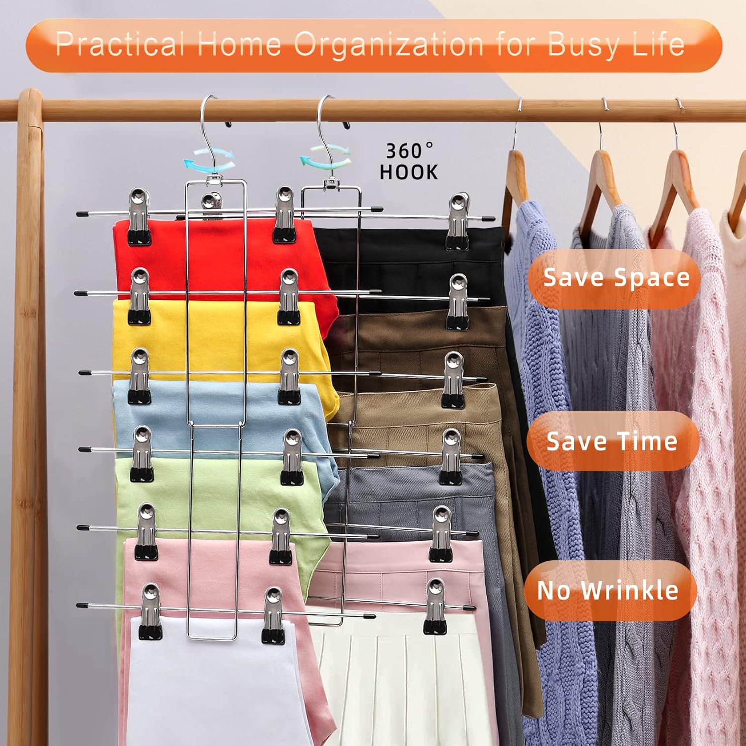 Skiennix 3-Pack Pants Hangers - Space-Saving 6-Tier Closet Organizers with Clips for Clothes Storage | Essential College Dorm Decor
