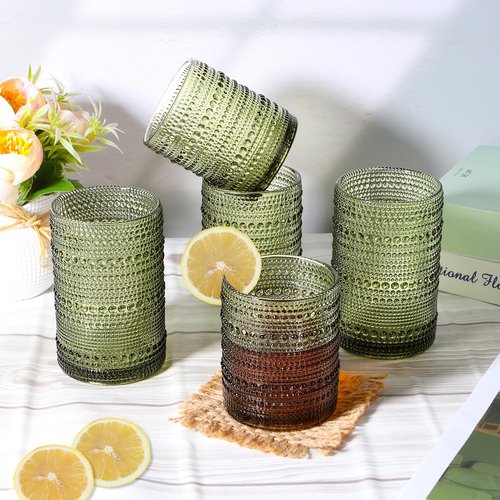 Vintage Glassware Drinking Glasses Set Of 12, Green 14Oz & 11Oz Hobnail Glass Cups Elegant Bubble Old Fashioned Glassware For Juice & Cocktails, Dishwasher Safe, Perfect For Home, Parties & Gifts
