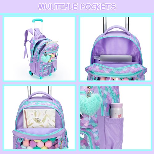 Inprof Girls 3 in 1 Rolling Backpack for School Girls Backpack with Wheels Girls Backpack with Lunch Box Set Kids Suitcase for Girls Elementary School Roller Bookbag Kids Travel bag with Wheels